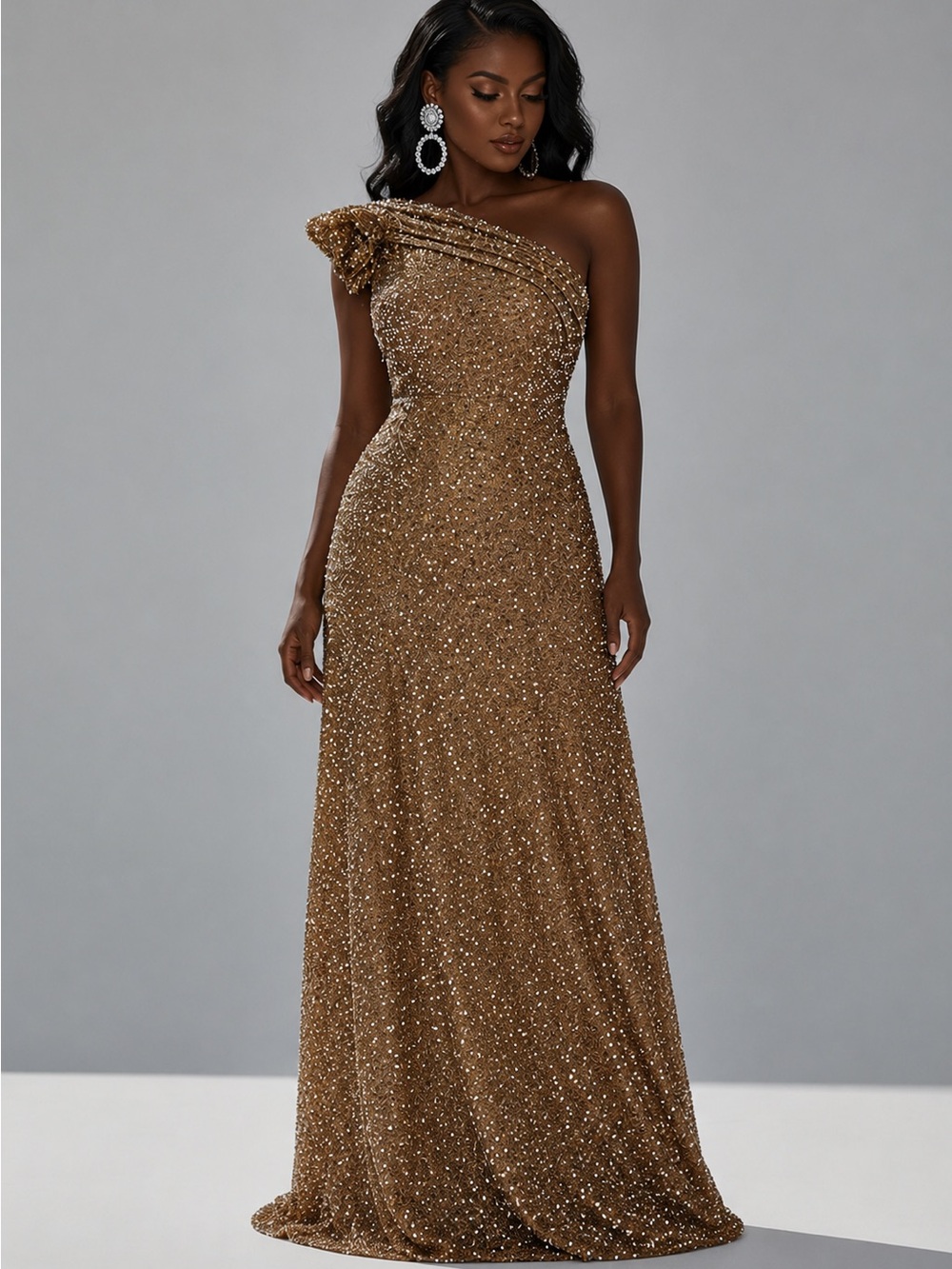 One-Shoulder Sequin Evening Gown in Metallic Gold